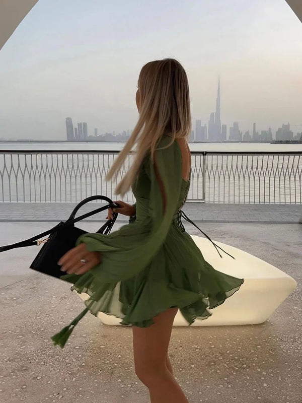 Green Glam Hollow Sleeve Dress