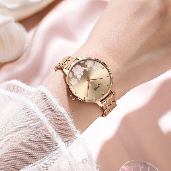 Elegant Floral Steel Wristwatch